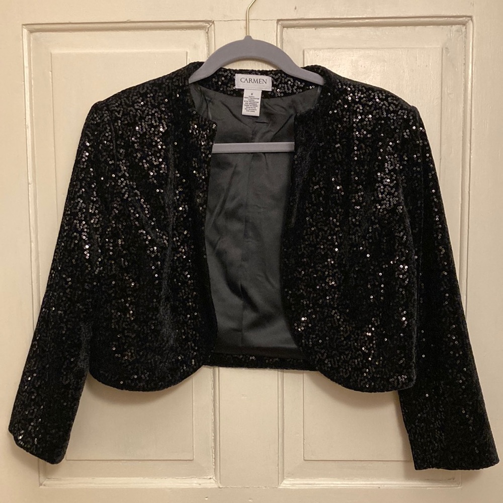 Carmen Marc Valvo Black Sequin Velvet Cocktail Formal Jacket, size 6